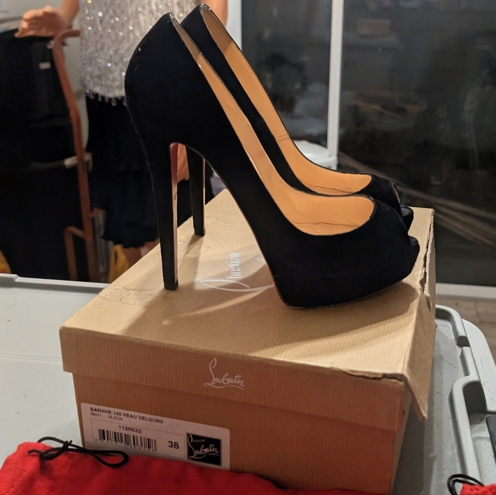Christian Louboutin Black Suede Adrienne Peep Toe Heels - Picture 6 of 8